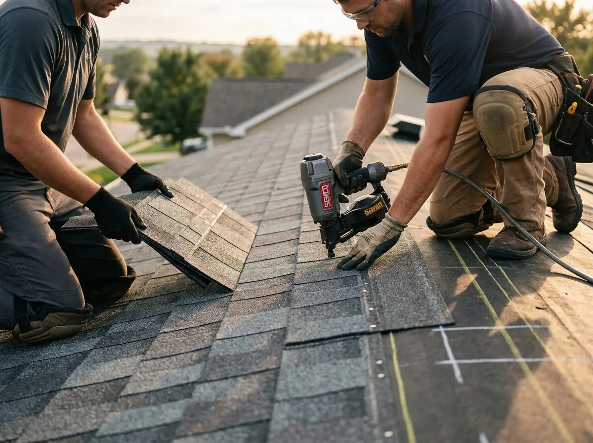 Professional roofer working on a residential roof in Triana